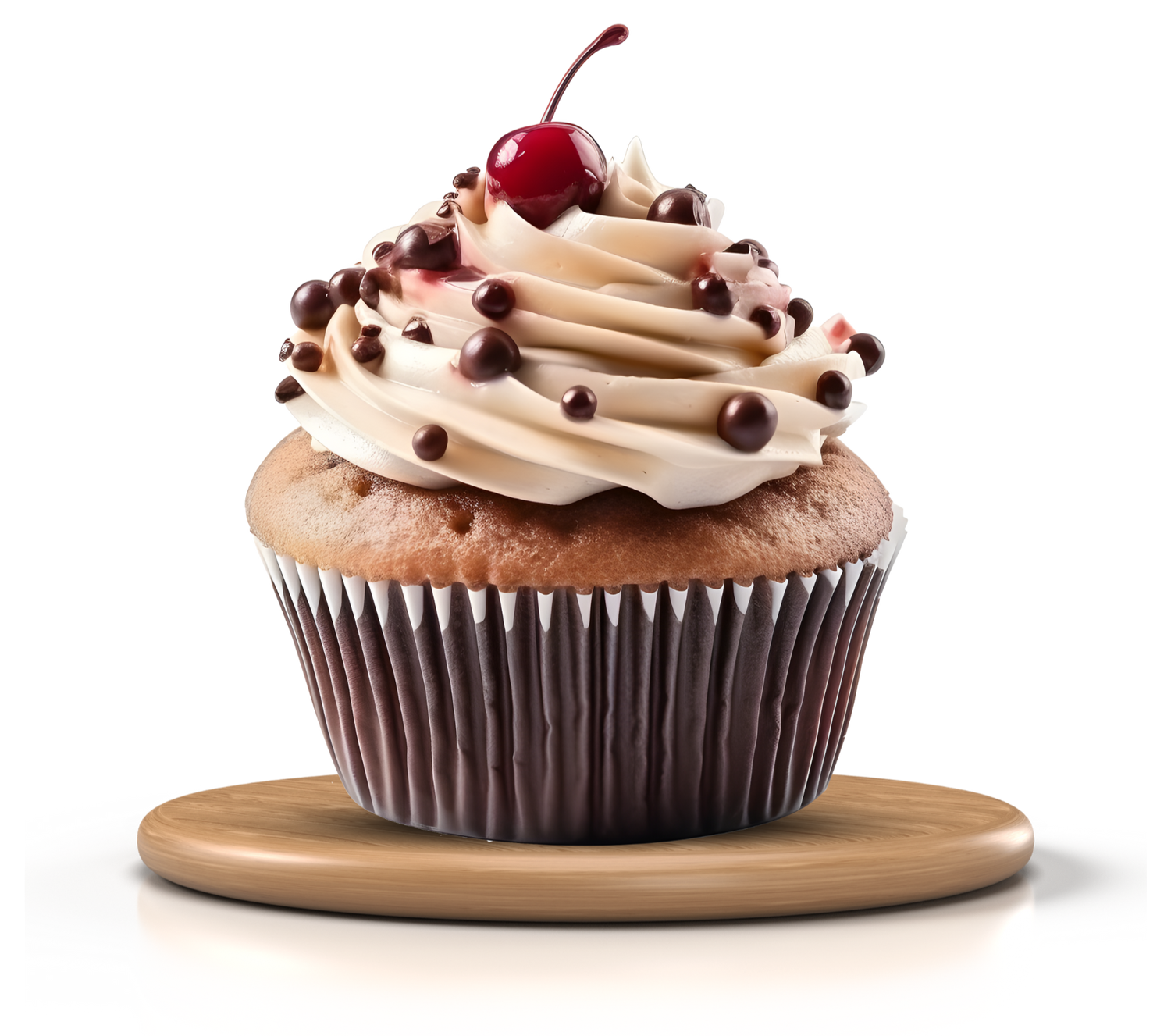 Chocolate cupcake with vanilla frosting, chocolate chips, and a cherry on top, placed on a wooden coaster.