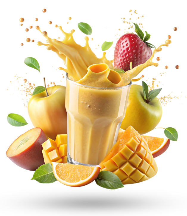 Fruit smoothie with mango, apple, and strawberry on a white background